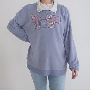 Vintage Tanjay Blue Embroidered Deer Floral Collared Crewneck Sweater Xl